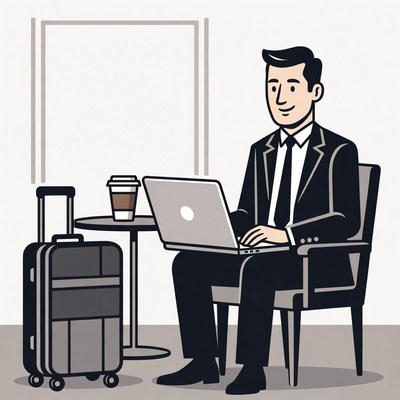Businessman working on laptop with suitcase