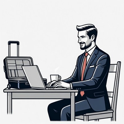 Businessman working on laptop with suitcase