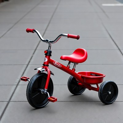 Red tricycle on sidewalk