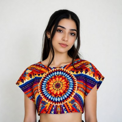 Woman in colorful mandala crop top