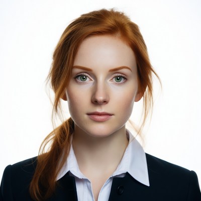 Redhead woman in black suit