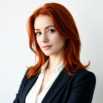 Redhead woman in suit arms crossed