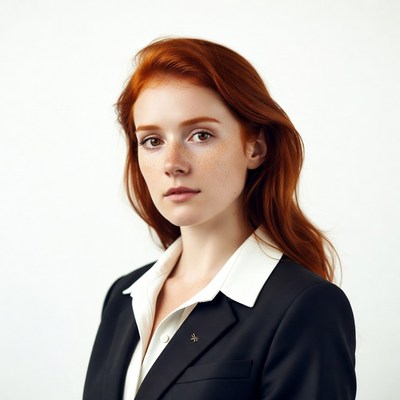 Redhead woman in black suit