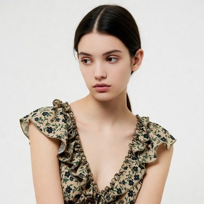 Young woman in floral ruffle top