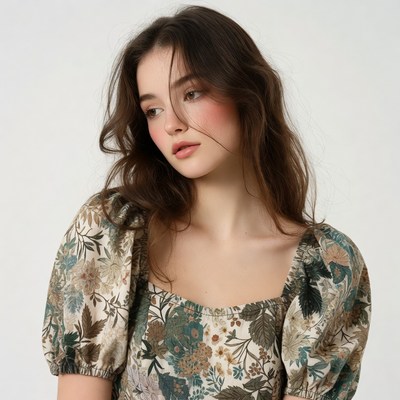 Woman in floral puff sleeve dress