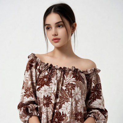 Young woman in off-shoulder floral dress