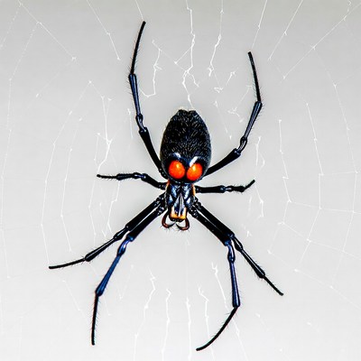 Black spider with red eyes on web