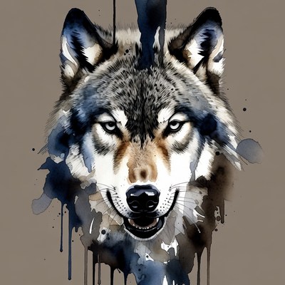 Gray Wolf Head Watercolor Portrait