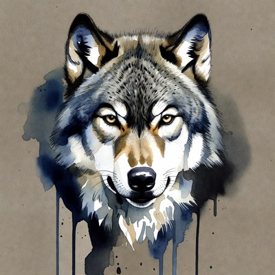 Gray Wolf Closeup Watercolor Art