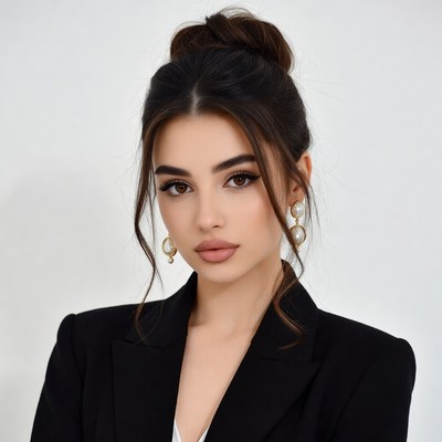 Woman in black blazer with bun hairstyle