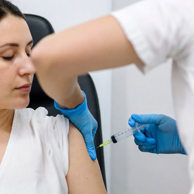 Nurse administering vaccine to woman