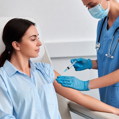 Nurse administering vaccine to woman