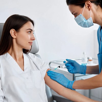 Nurse administering injection to woman