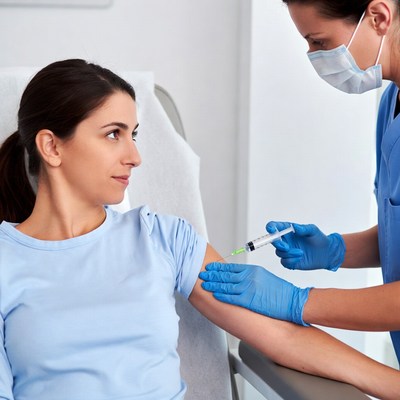 Nurse vaccinating woman in arm