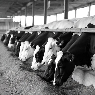 Cows Eating in Barn Trough