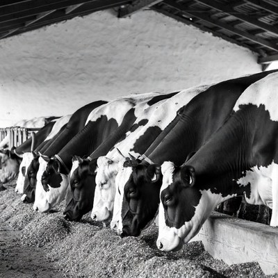 Holstein cows eating in barn