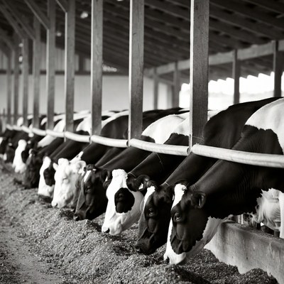 Cows eating in barn