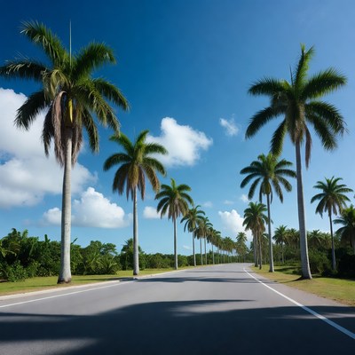 Palm trees lining tropical road