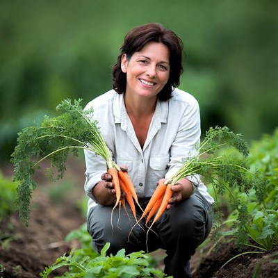 Woman holding fresh carrots in garden