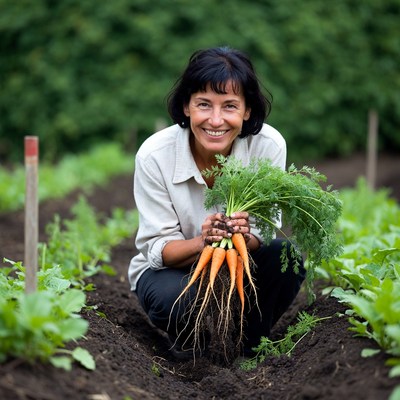 Woman holding fresh carrots in garden