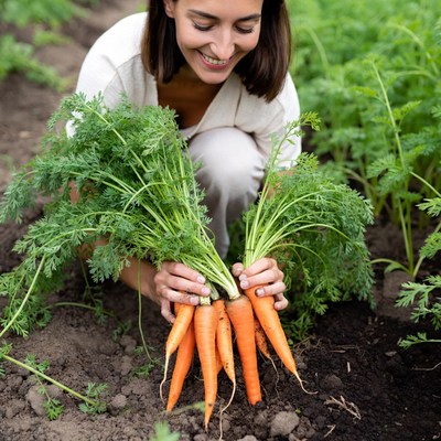 Woman harvesting carrots in garden