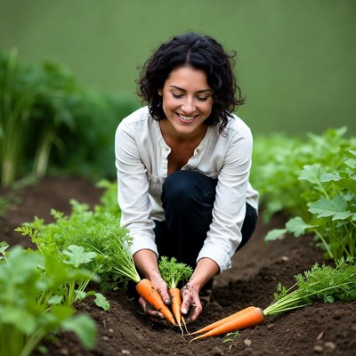 Woman harvesting carrots in garden