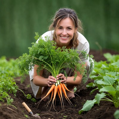 Woman holding fresh carrots in garden