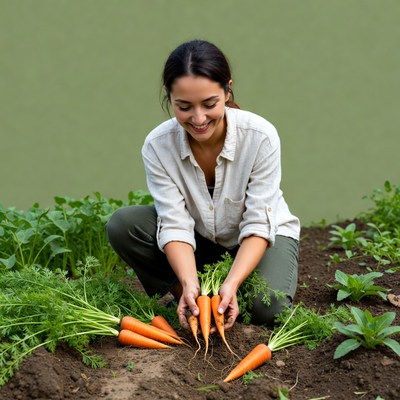Woman harvesting carrots in garden