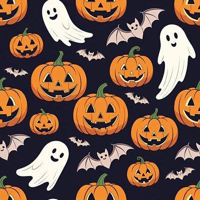 Halloween Pumpkins Ghosts Bats Illustration
