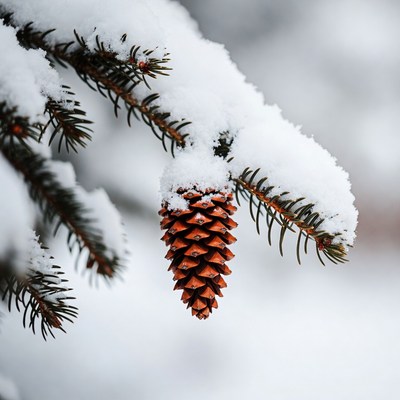 Snowy Pine Cone on Branch