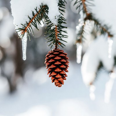 Snowy Pine Cone on Fir Branch