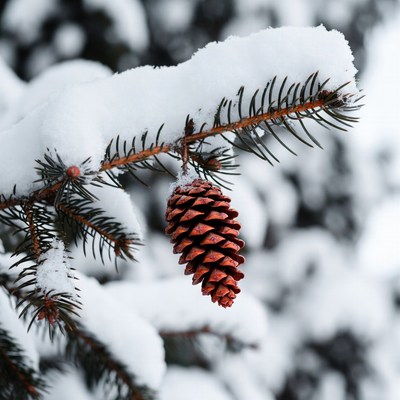 Snowy Pine Cone on Branch