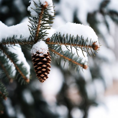 Snowy Pine Cone on Branch