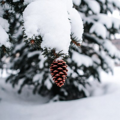 Snowy Pine Cone on Tree Branch