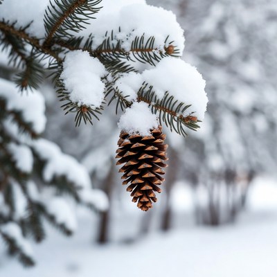 Snowy Pine Cone on Branch
