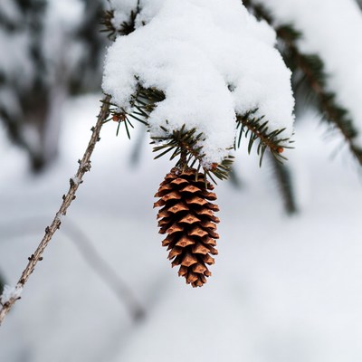 Snowy Pine Cone on Branch