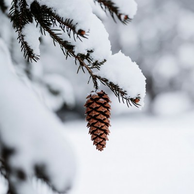 Snowy Pine Cone Hanging on Branch