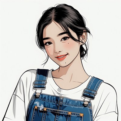Asian girl in denim overalls smiling
