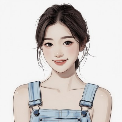 Asian woman in blue overalls