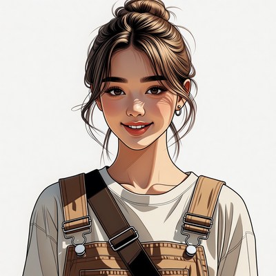 Asian woman in denim overalls