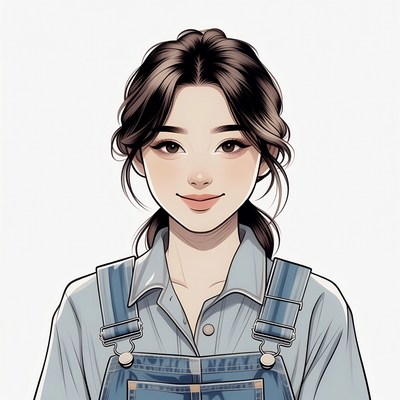 Asian woman in denim overalls