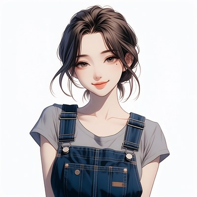 Anime girl in denim overalls
