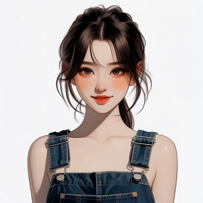 Asian woman in denim overalls