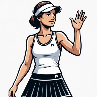 Woman waving in tennis outfit