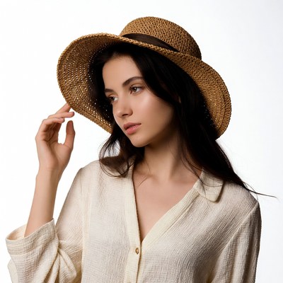 Woman wearing wide-brim straw hat