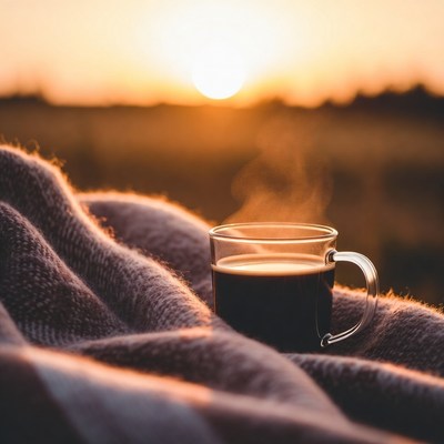 Coffee cup on blanket at sunset