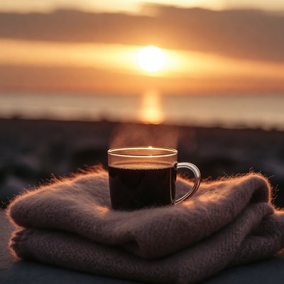 Coffee Cup on Sweater at Sunset Beach