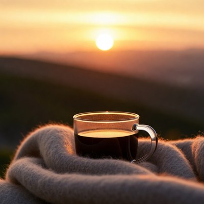 Coffee cup on blanket at sunset