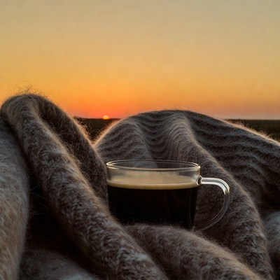 Coffee Cup in Blanket at Sunset