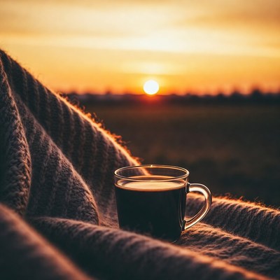 Coffee cup on blanket at sunset